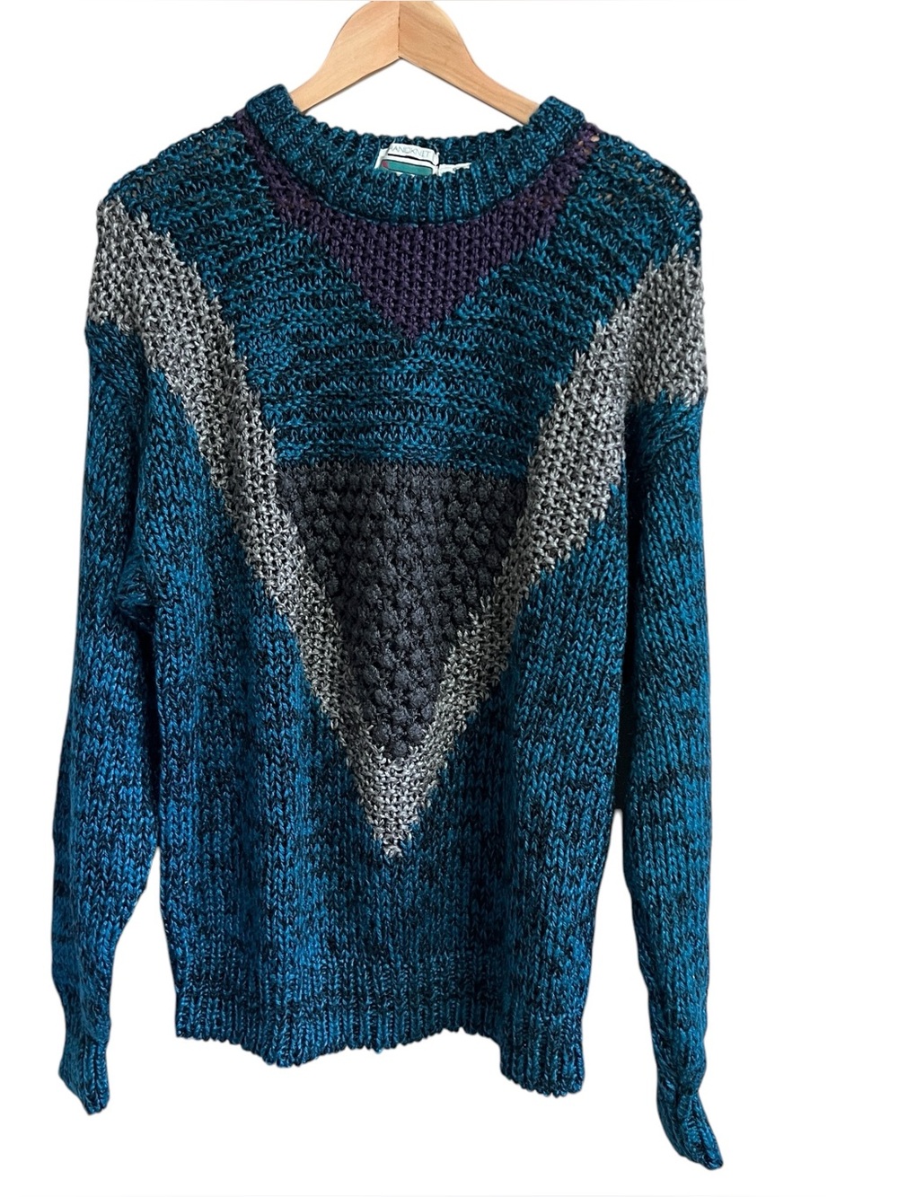 Vintage Acrylic Handknit Textured Knit Sweater Teal XL